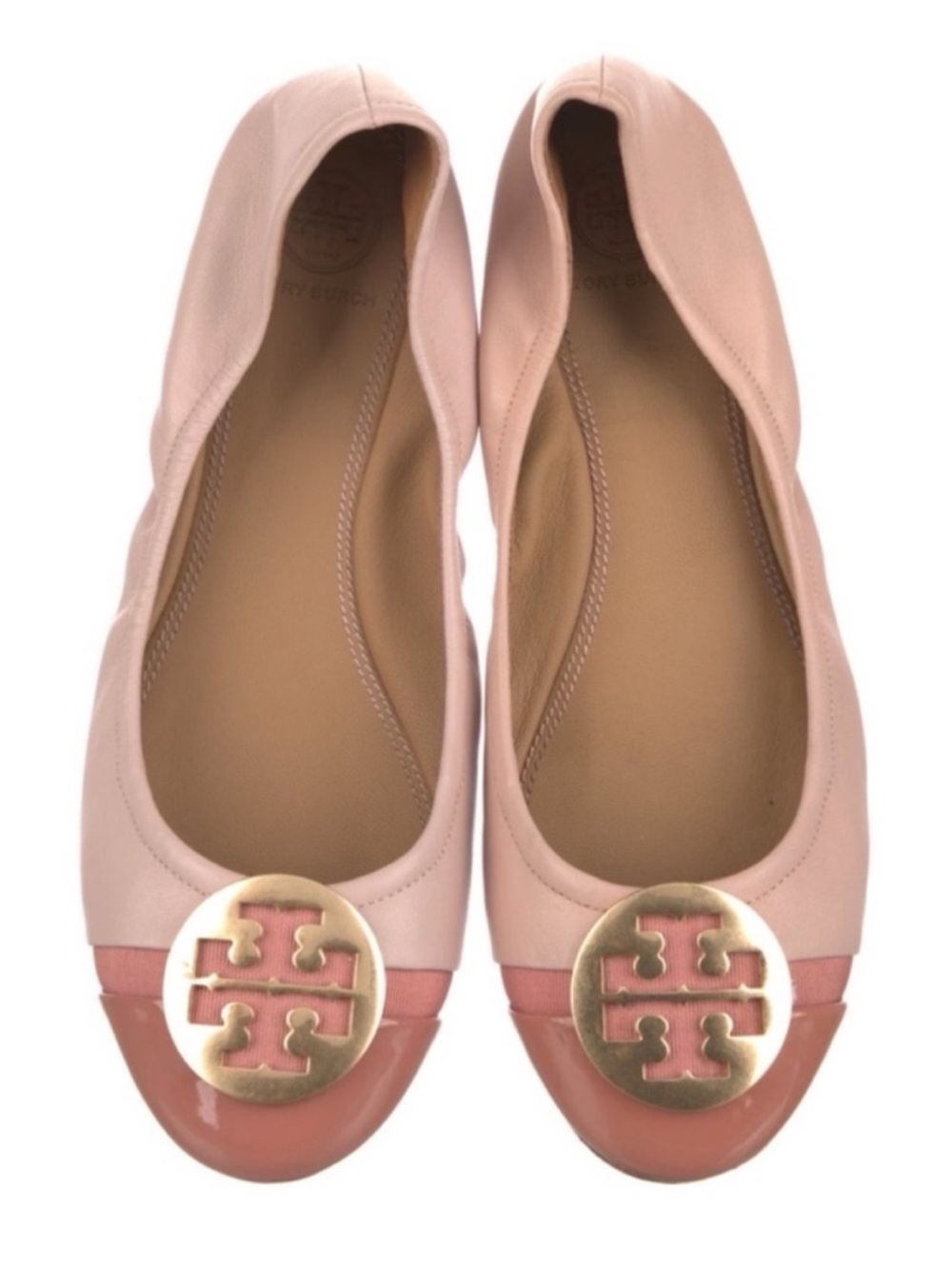 TORY BUTCH Minnie Blush Pink Leather Gold Medallion Logo Travel Ballet Flat